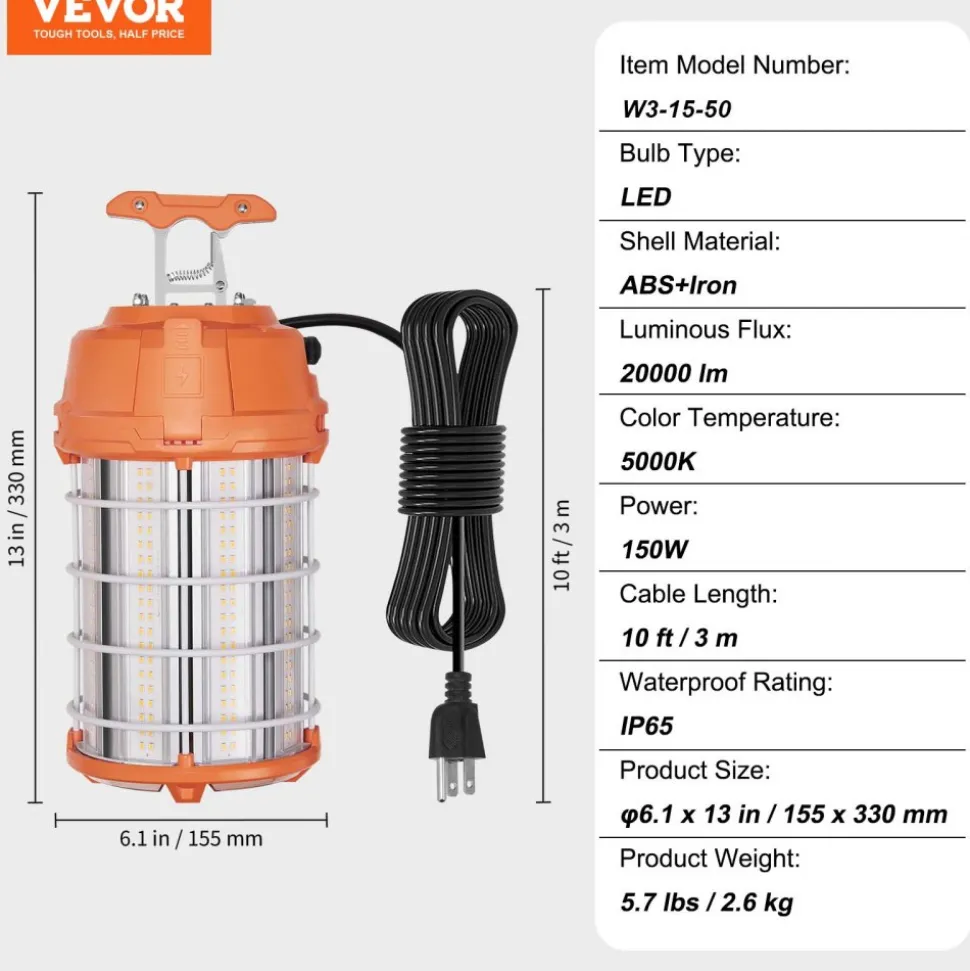 VEVOR LED Portable Work Lamp, 150W, 20000lm, 5000K Durable & Water-Resistant, Linkable up to 6 Units, Ceiling or Stand Job Site Illumination for Both Indoor & Outdoor Use