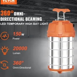 VEVOR LED Portable Work Lamp, 150W, 20000lm, 5000K Durable & Water-Resistant, Linkable up to 6 Units, Ceiling or Stand Job Site Illumination for Both Indoor & Outdoor Use