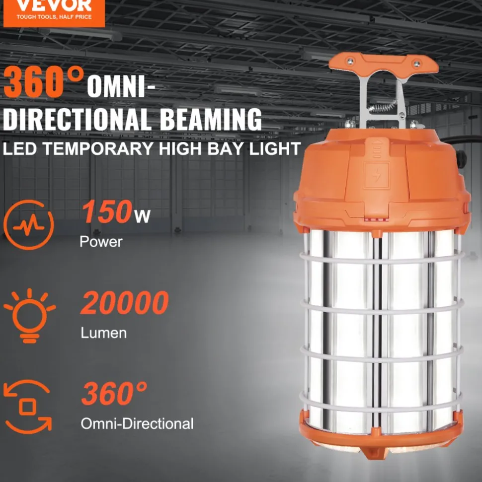 VEVOR LED Portable Work Lamp, 150W, 20000lm, 5000K Durable & Water-Resistant, Linkable up to 6 Units, Ceiling or Stand Job Site Illumination for Both Indoor & Outdoor Use