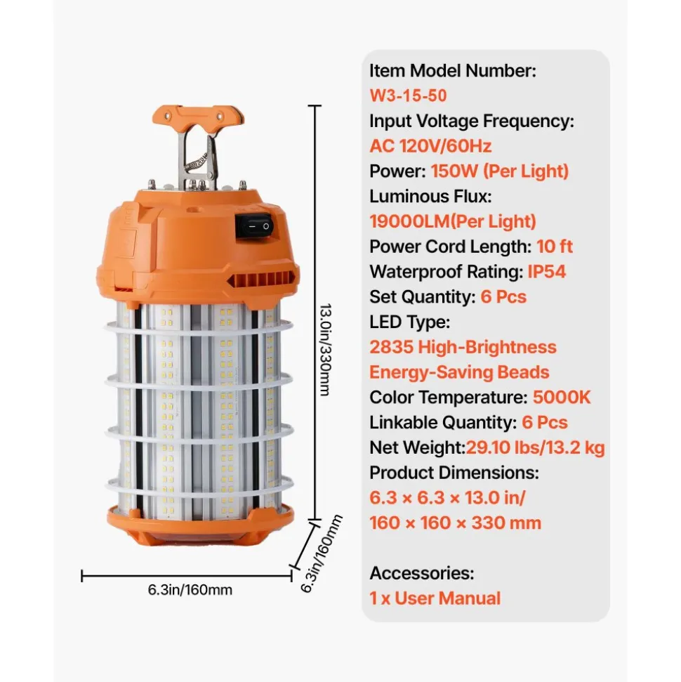 VEVOR LED Temporary Work Light, 150W, 19000 lm, 5000K Durable & Water-Resistant, Linkable up to 6 Units, Ceiling or Stand Job Site Illumination for Construction Sites, Workshops, Indoor & Outdoor Use