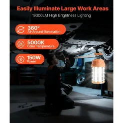 VEVOR LED Temporary Work Light, 150W, 19000 lm, 5000K Durable & Water-Resistant, Linkable up to 6 Units, Ceiling or Stand Job Site Illumination for Construction Sites, Workshops, Indoor & Outdoor Use