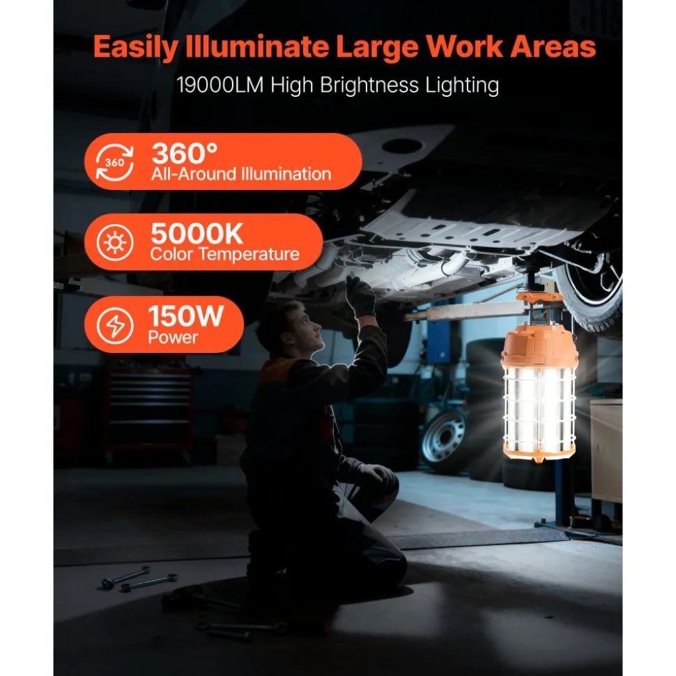 VEVOR LED Temporary Work Light, 150W, 19000 lm, 5000K Durable & Water-Resistant, Linkable up to 6 Units, Ceiling or Stand Job Site Illumination for Construction Sites, Workshops, Indoor & Outdoor Use