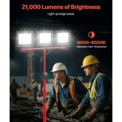 VEVOR LED Work Light with Stand, 21000 Lumens, Three-Head Portable Camping Light with Individual Switch, Tripod Stand, 10.83 ft Power Cord, for Indoor Outdoor Job Site Construction, IP65 Waterproof