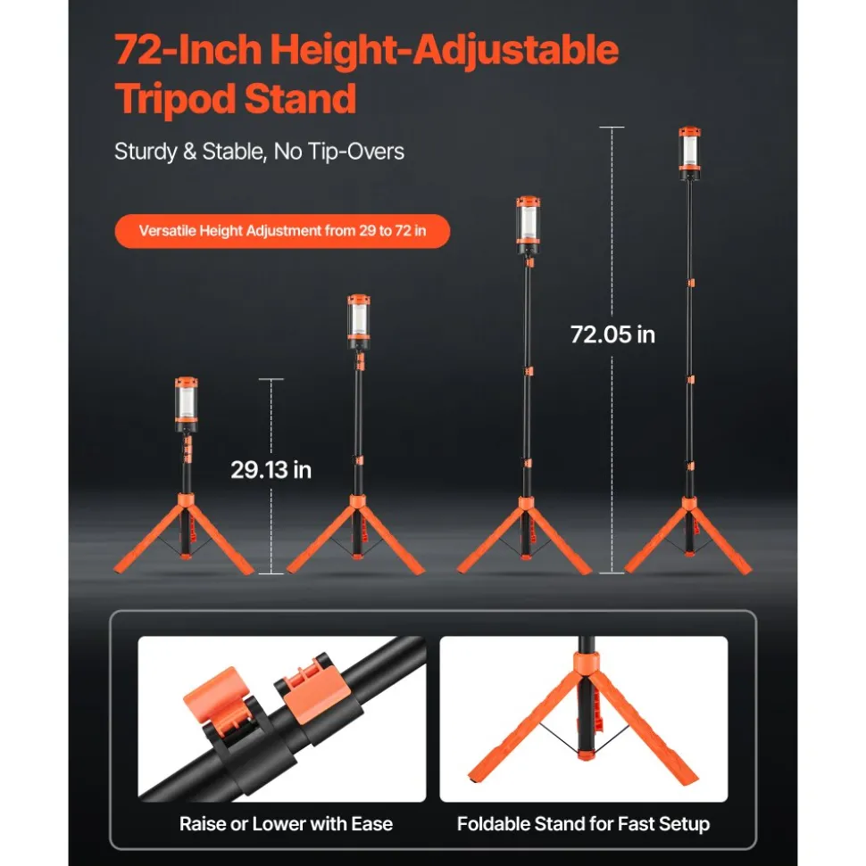 VEVOR LED Work Light with Stand, 10Ah, Rechargeable Cordless Camping Light, with 3 Lamp Heads, Detachable Tripod Stand, 2200 Lumens 3000K-6500K Dimmable, Portable Construction Lighting for Job Site