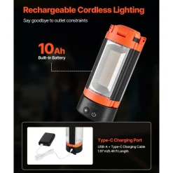 VEVOR LED Work Light with Stand, 10Ah, Rechargeable Cordless Camping Light, with 3 Lamp Heads, Detachable Tripod Stand, 2200 Lumens 3000K-6500K Dimmable, Portable Construction Lighting for Job Site