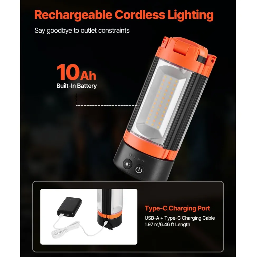 VEVOR LED Work Light with Stand, 10Ah, Rechargeable Cordless Camping Light, with 3 Lamp Heads, Detachable Tripod Stand, 2200 Lumens 3000K-6500K Dimmable, Portable Construction Lighting for Job Site