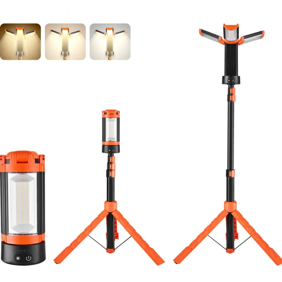 VEVOR LED Work Light with Stand, 10Ah, Rechargeable Cordless Camping Light, with 3 Lamp Heads, Detachable Tripod Stand, 2200 Lumens 3000K-6500K Dimmable, Portable Construction Lighting for Job Site
