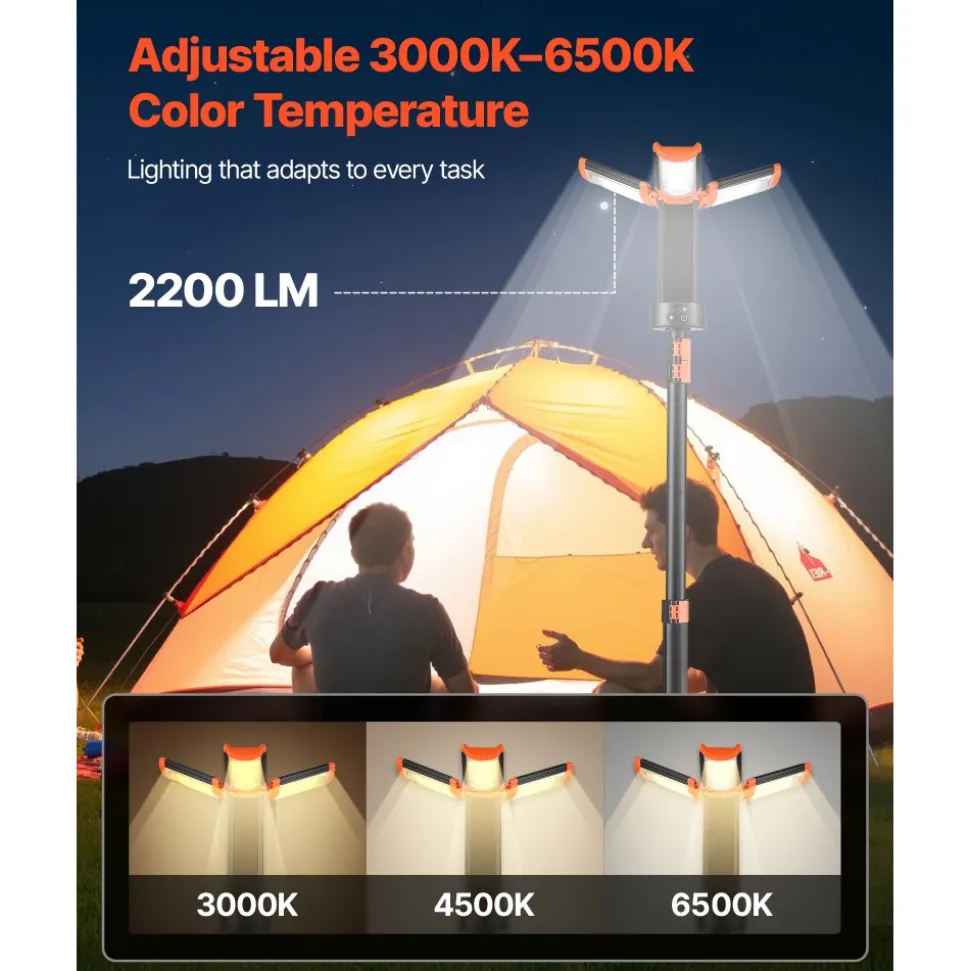 VEVOR LED Work Light with Stand, 10Ah, Rechargeable Cordless Camping Light, with 3 Lamp Heads, Detachable Tripod Stand, 2200 Lumens 3000K-6500K Dimmable, Portable Construction Lighting for Job Site