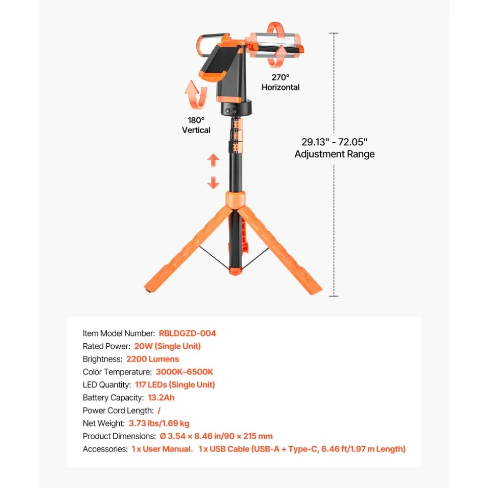 VEVOR LED Work Light with Stand, 20000 Lumen Dual-head LED Work Light with 27.6"-68.1" Adjustable and Foldable Tripod Stand, IP65 Waterproofed LED Tripod Work Light, with 5000 Kelvin Color Temperatu