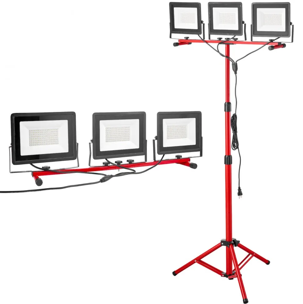 VEVOR LED Work Light with Stand, 15000 Lumens, Three-Head Portable Camping Light with Individual Switch, Tripod Stand, 10.83 ft Power Cord, for Indoor Outdoor Job Site Construction, IP65 Waterproof