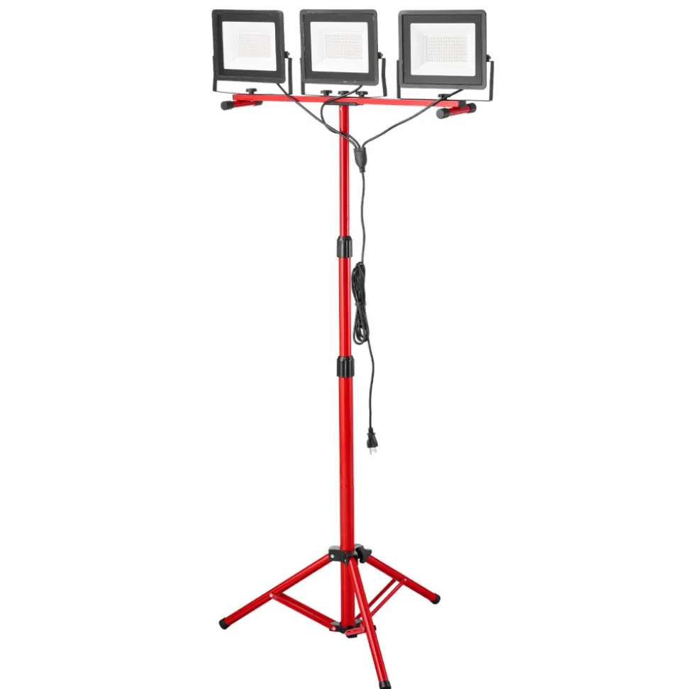 VEVOR LED Work Light with Stand, 15000 Lumens, Three-Head Portable Camping Light with Individual Switch, Tripod Stand, 10.83 ft Power Cord, for Indoor Outdoor Job Site Construction, IP65 Waterproof