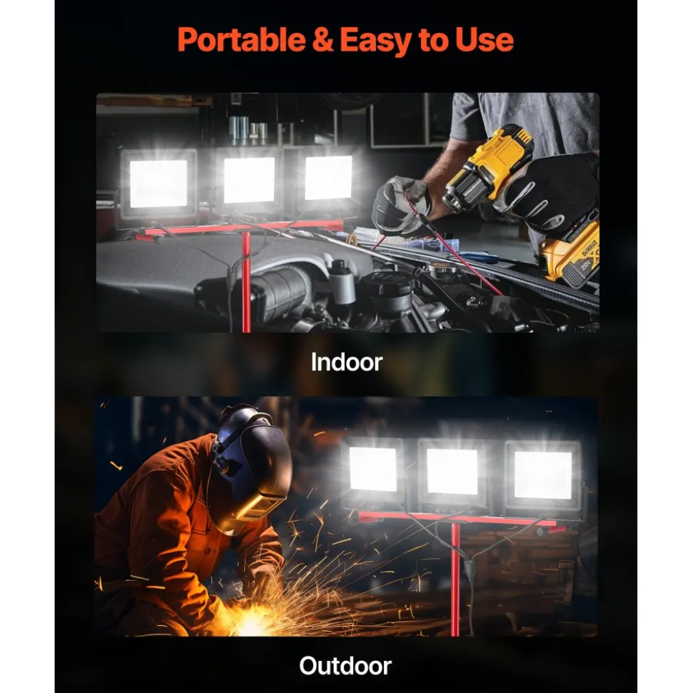VEVOR LED Work Light with Stand, 15000 Lumens, Three-Head Portable Camping Light with Individual Switch, Tripod Stand, 10.83 ft Power Cord, for Indoor Outdoor Job Site Construction, IP65 Waterproof