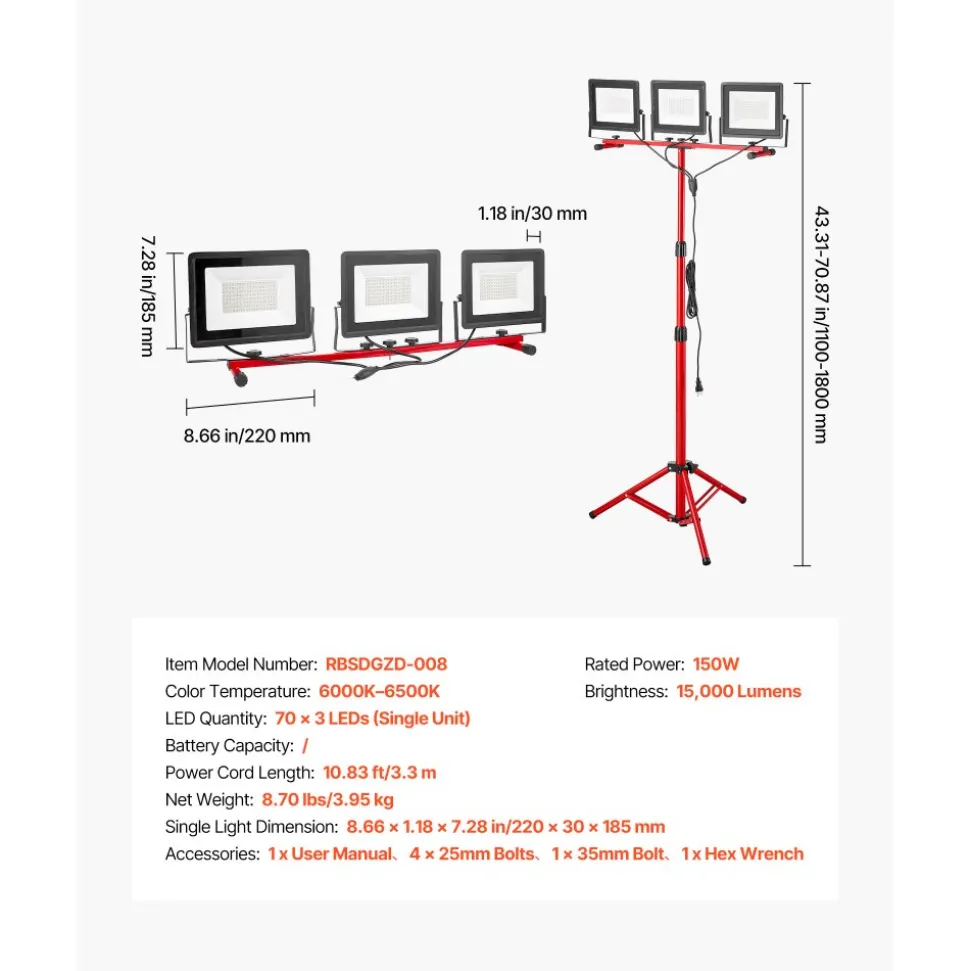 VEVOR LED Work Light with Stand, 15000 Lumens, Three-Head Portable Camping Light with Individual Switch, Tripod Stand, 10.83 ft Power Cord, for Indoor Outdoor Job Site Construction, IP65 Waterproof