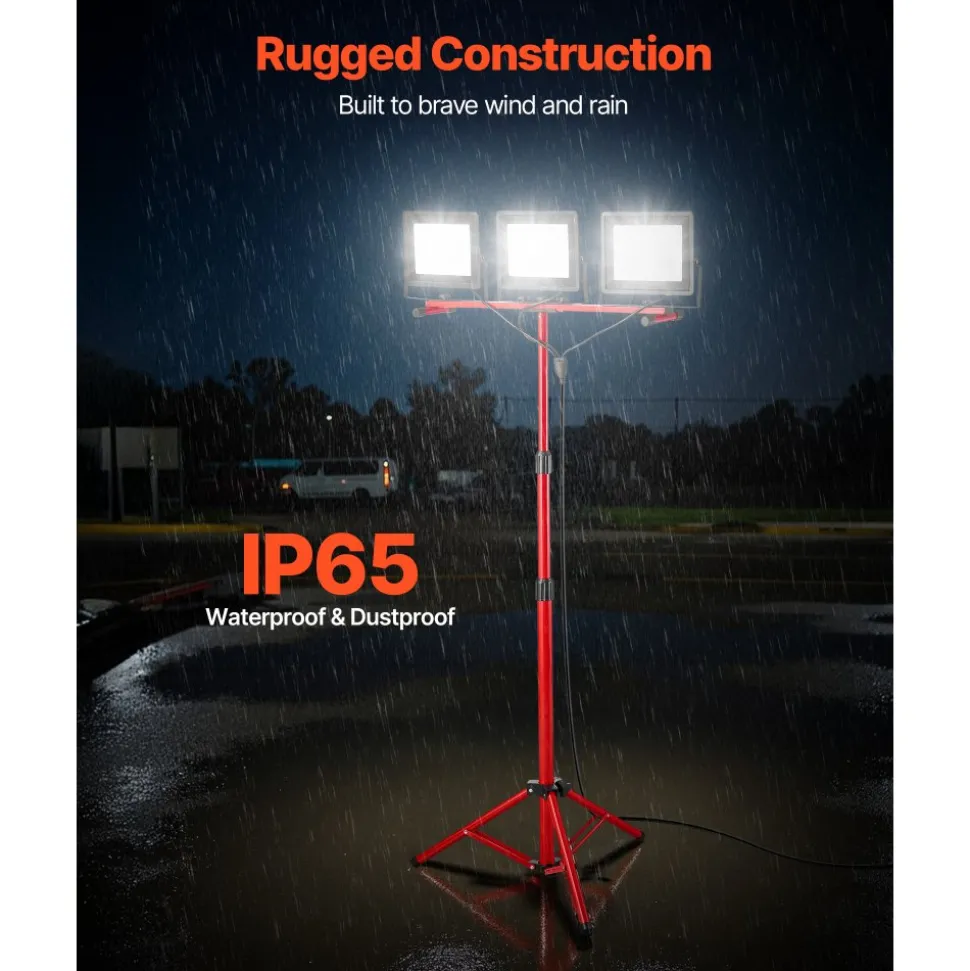 VEVOR LED Work Light with Stand, 15000 Lumens, Three-Head Portable Camping Light with Individual Switch, Tripod Stand, 10.83 ft Power Cord, for Indoor Outdoor Job Site Construction, IP65 Waterproof