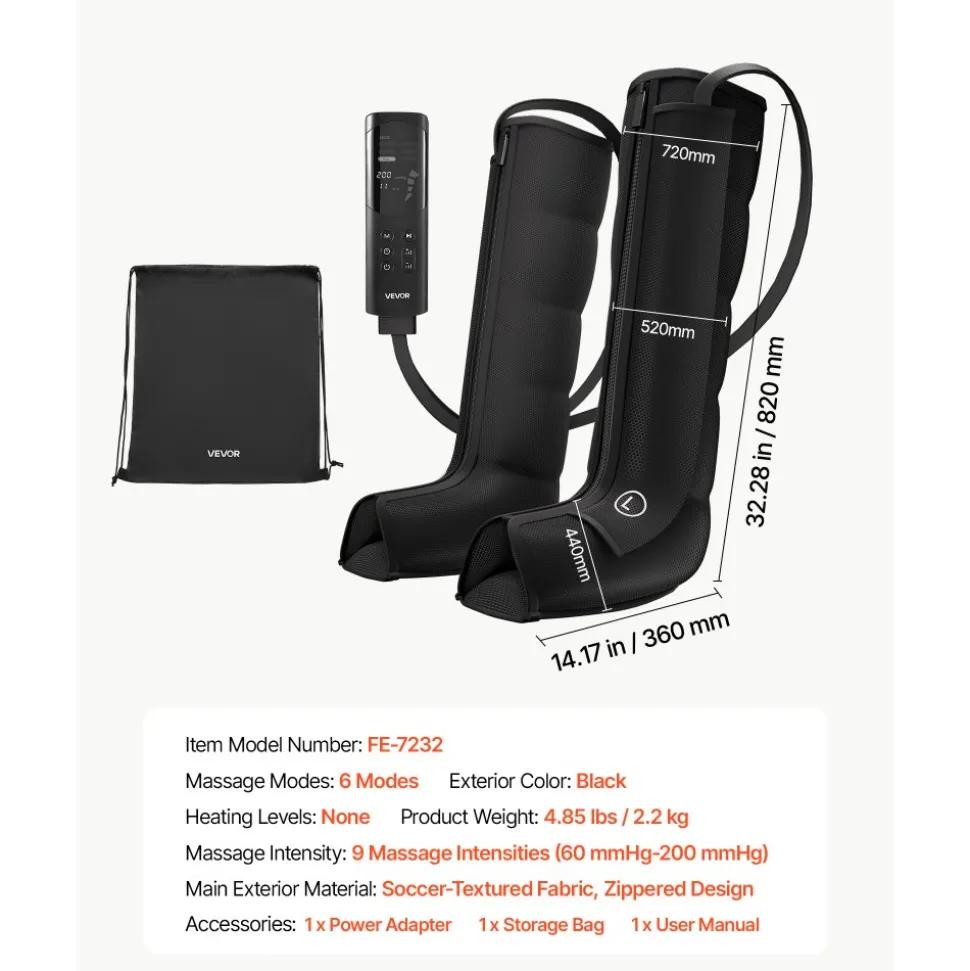 VEVOR Leg Compression Massager 6 Modes Air Compression Full Leg Massager, For Daily Relaxation, 9 Massage Intensities, 360° Coverage, Auto Shut-Off Timer, with Portable Storage Bag and Power Adapter