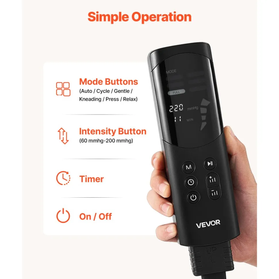 VEVOR Leg Compression Massager 6 Modes Air Compression Full Leg Massager, For Daily Relaxation, 9 Massage Intensities, 360° Coverage, Auto Shut-Off Timer, with Portable Storage Bag and Power Adapter