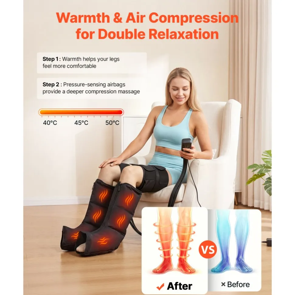 VEVOR Leg Compression Massager 9 Intensities Air Compression Leg Massager, For Daily Relaxation, 6 Massage Modes, 3 Heat Settings, Auto Shut-Off Timer, Adjustable Fit, with Storage Bag and Adapter