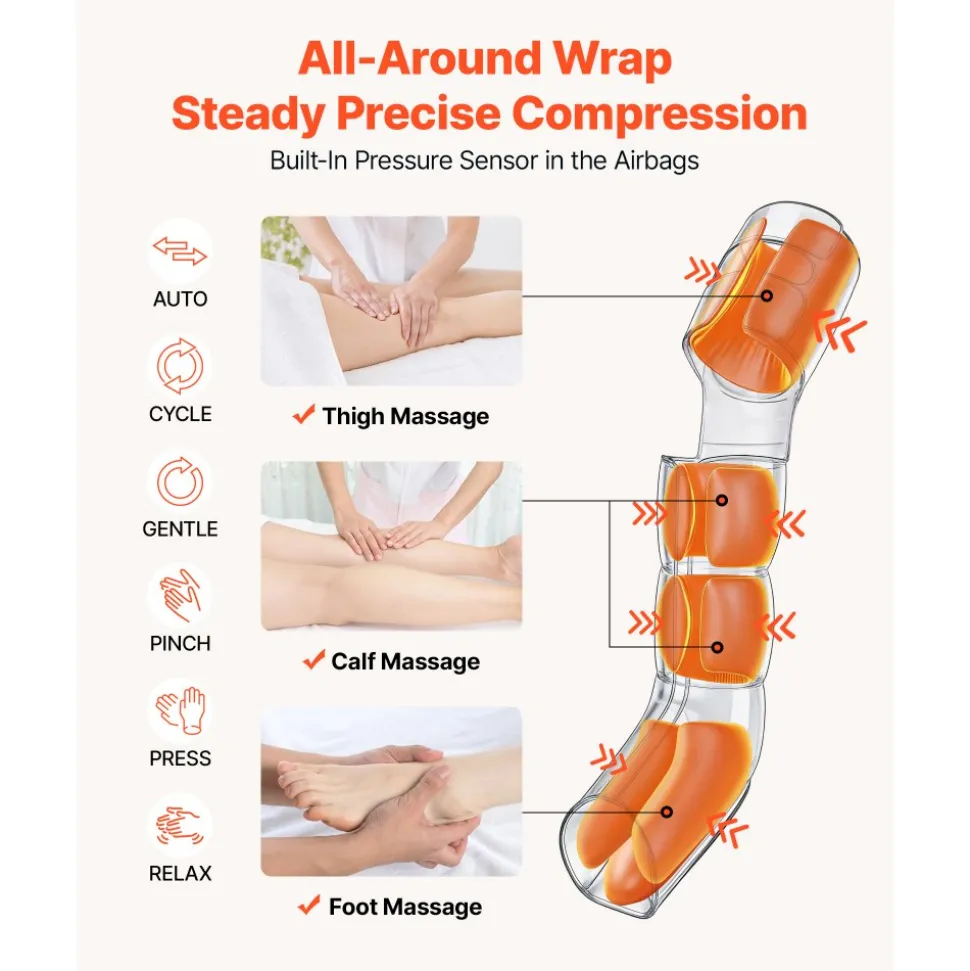 VEVOR Leg Compression Massager 9 Intensities Air Compression Leg Massager, For Daily Relaxation, 6 Massage Modes, 3 Heat Settings, Auto Shut-Off Timer, Adjustable Fit, with Storage Bag and Adapter