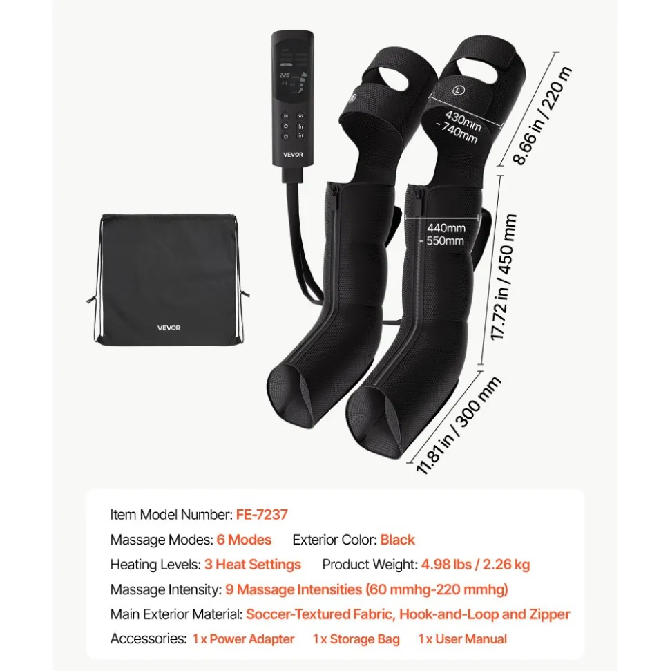 VEVOR Leg Compression Massager 9 Intensities Air Compression Leg Massager, For Daily Relaxation, 6 Massage Modes, 3 Heat Settings, Auto Shut-Off Timer, Adjustable Fit, with Storage Bag and Adapter