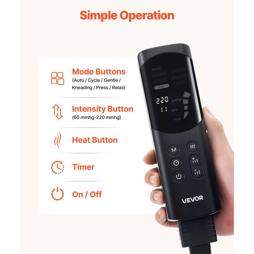 VEVOR Leg Compression Massager 9 Intensities Air Compression Leg Massager, For Daily Relaxation, 6 Massage Modes, 3 Heat Settings, Auto Shut-Off Timer, Adjustable Fit, with Storage Bag and Adapter