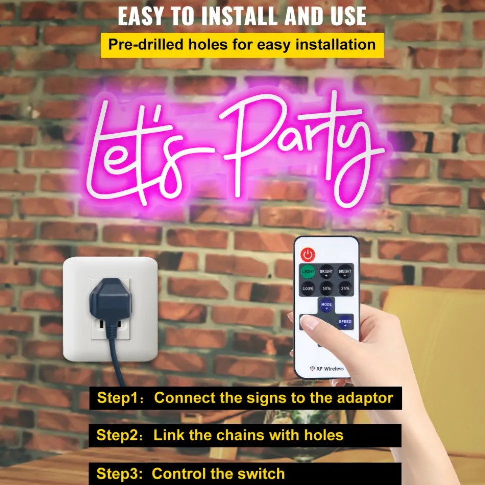 VEVOR Let's Party Neon Sign, 23"X10" Neon Sign for Wall Decor, Adjustable Brightness Pink Neon Light Sign with Remote Control and Power Adapter, for Party/Wedding Celebration/Home Decoration