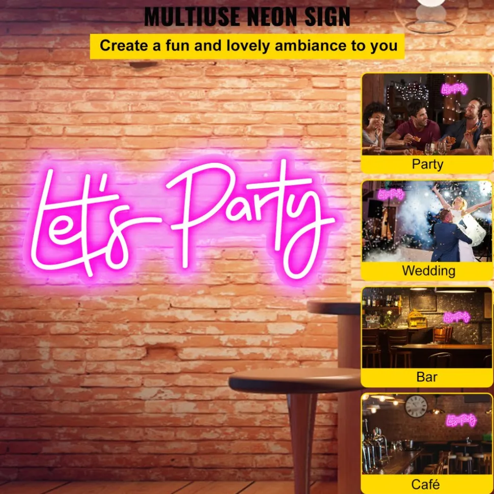 VEVOR Let's Party Neon Sign, 23"X10" Neon Sign for Wall Decor, Adjustable Brightness Pink Neon Light Sign with Remote Control and Power Adapter, for Party/Wedding Celebration/Home Decoration