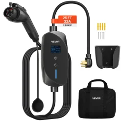 VEVOR Level 2 EV Charger, 32 Amp Adjustable Current, 240V Electric Vehicle Portable Charger with 25 ft Charging Cable, NEMA 14-50P Plug, LCD Display, Plug-in Home Car Charging Station for SAE J1772 EV