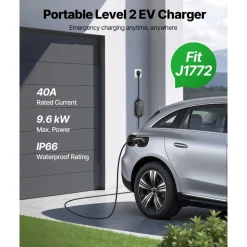 VEVOR Level 2 EV Charger, 40 Amp Adjustable Current, 240V Electric Vehicle Portable Charger with 25 ft Charging Cable, LCD Display, NEMA 14-50P Plug, Plug-in Home Car Charging Station for SAE J1772 EV