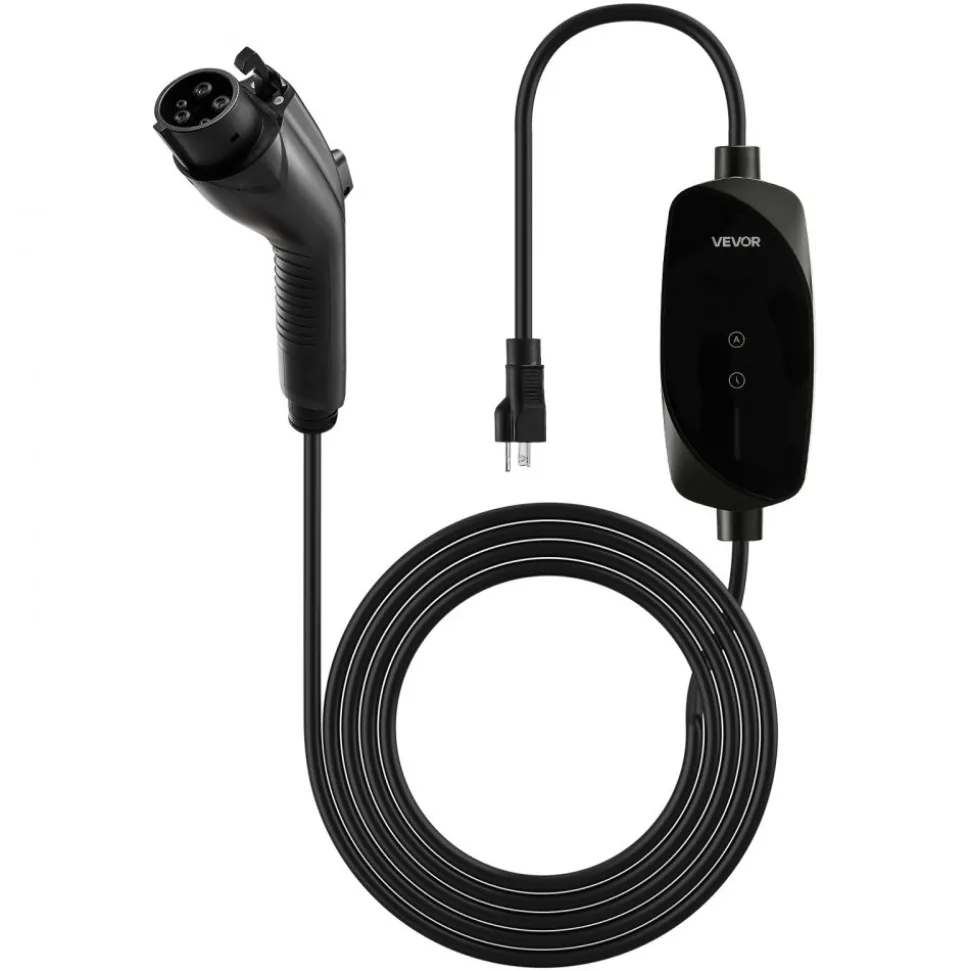 VEVOR Level 1&2 EV Charger, 16 Amp Adjustable Current, Electric Vehicle Portable Charger with 25 ft Cable, 120V-240V, NEMA 6-20P Plug NEMA 5-15 Adapter, LCD, Home Car Charging Station for SAE J1772 EV