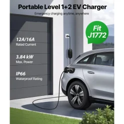 VEVOR Level 1&2 EV Charger, 16 Amp Adjustable Current, Electric Vehicle Portable Charger with 25 ft Cable, 120V-240V, NEMA 6-20P Plug NEMA 5-15 Adapter, LCD, Home Car Charging Station for SAE J1772 EV