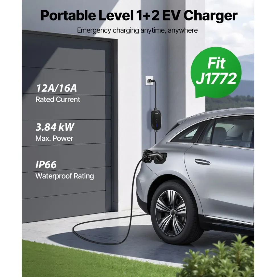 VEVOR Level 1&2 EV Charger, 16 Amp Adjustable Current, Electric Vehicle Portable Charger with 25 ft Cable, 120V-240V, NEMA 6-20P Plug NEMA 5-15 Adapter, LCD, Home Car Charging Station for SAE J1772 EV