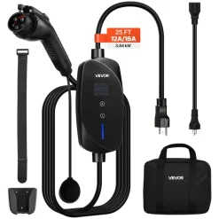 VEVOR Level 1&2 EV Charger, 16 Amp Adjustable Current, Electric Vehicle Portable Charger with 25 ft Cable, 120V-240V, NEMA 6-20P Plug NEMA 5-15 Adapter, LCD, Home Car Charging Station for SAE J1772 EV