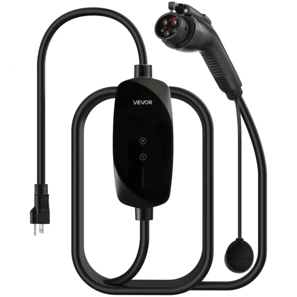 VEVOR Level 1&2 EV Charger, 16 Amp Adjustable Current, Electric Vehicle Portable Charger with 25 ft Cable, 120V-240V, NEMA 6-20P Plug NEMA 5-15 Adapter, LCD, Home Car Charging Station for SAE J1772 EV