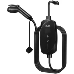 VEVOR Level 1&2 EV Charger, 16 Amp Adjustable Current, Electric Vehicle Portable Charger with 25 ft Cable, 120V-240V, NEMA 6-20P Plug NEMA 5-15 Adapter, LCD, Home Car Charging Station for SAE J1772 EV