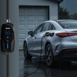 VEVOR Level 1&2 EV Charger, 16 Amp Adjustable Current, Electric Vehicle Portable Charger with 25 ft Cable, 120V-240V, NEMA 6-20P Plug NEMA 5-15 Adapter, LCD, Home Car Charging Station for SAE J1772 EV