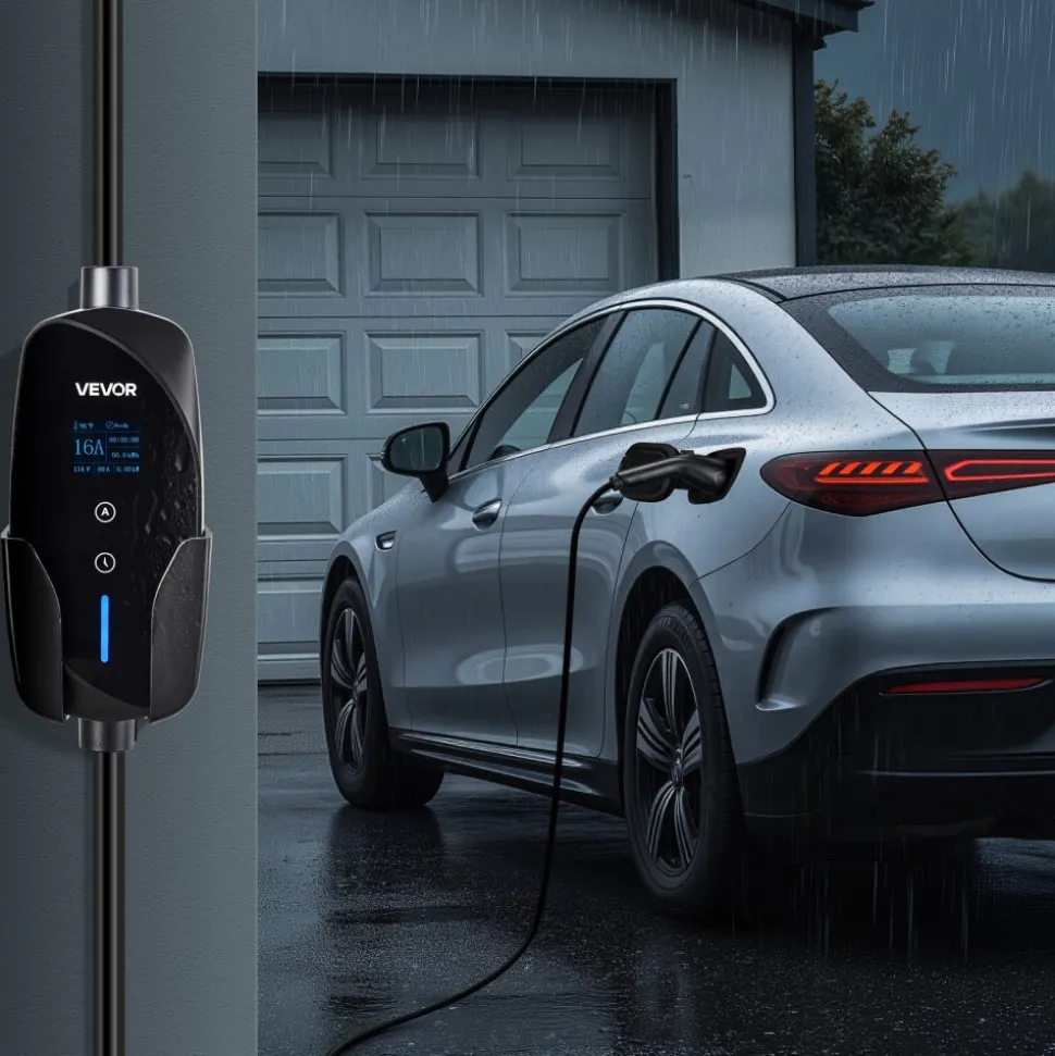 VEVOR Level 1&2 EV Charger, 16 Amp Adjustable Current, Electric Vehicle Portable Charger with 25 ft Cable, 120V-240V, NEMA 6-20P Plug NEMA 5-15 Adapter, LCD, Home Car Charging Station for SAE J1772 EV