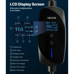 VEVOR Level 1&2 EV Charger, 16 Amp Adjustable Current, Electric Vehicle Portable Charger with 25 ft Cable, 120V-240V, NEMA 6-20P Plug NEMA 5-15 Adapter, LCD, Home Car Charging Station for SAE J1772 EV