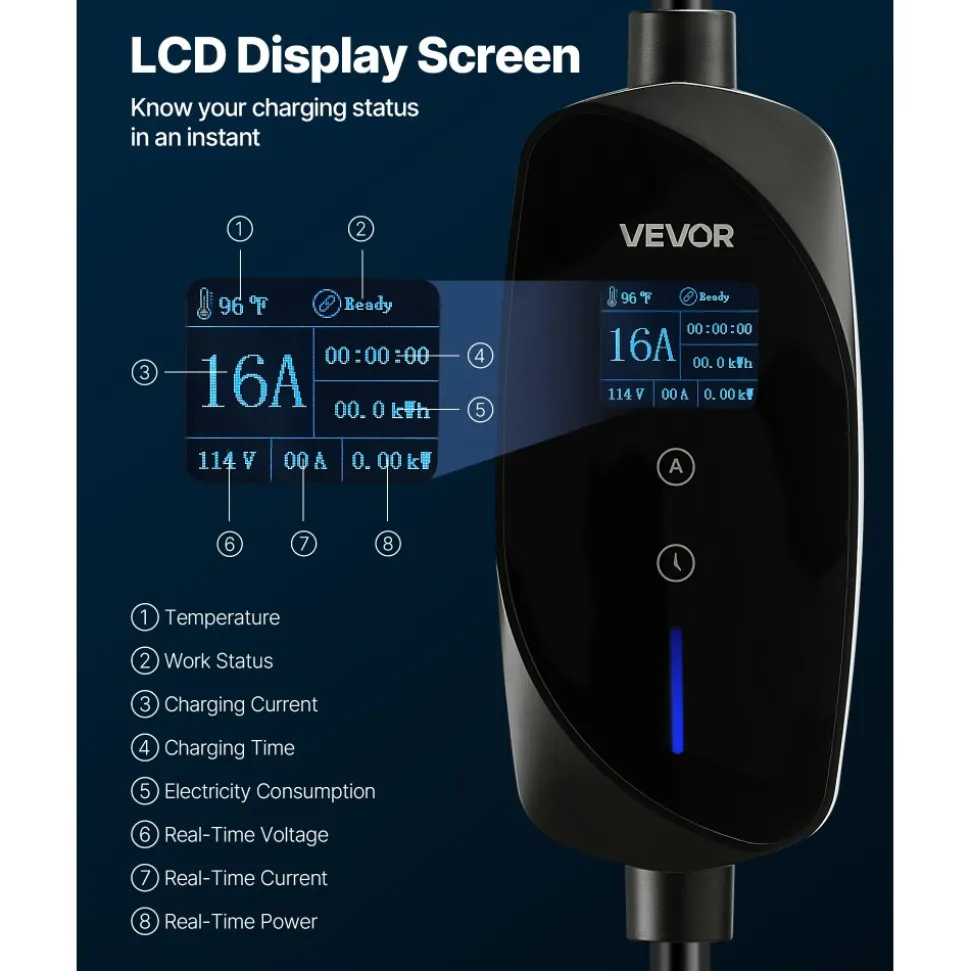 VEVOR Level 1&2 EV Charger, 16 Amp Adjustable Current, Electric Vehicle Portable Charger with 25 ft Cable, 120V-240V, NEMA 6-20P Plug NEMA 5-15 Adapter, LCD, Home Car Charging Station for SAE J1772 EV