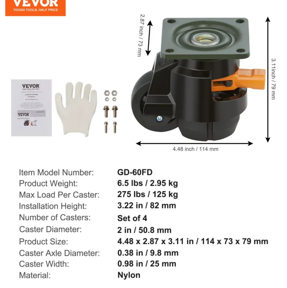 VEVOR Leveling Casters, 4-Pack Heavy Duty 360° Swivel Caster Wheels Hold up to 1100 lbs Load, 2 inches Caster Diameter, Adjustable Casters with Upgraded Handle Design and Feet for Workbench & Machine