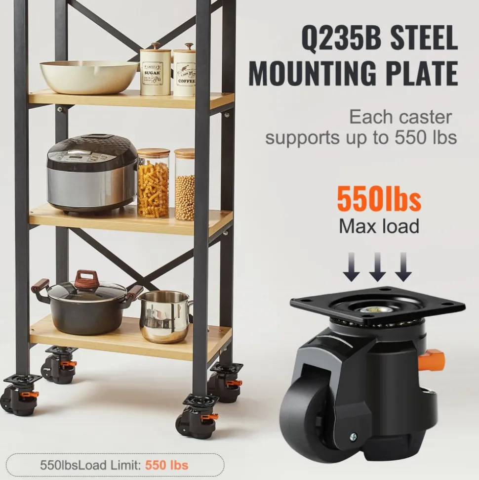 VEVOR Leveling Casters, Set of 4, 2200 lbs Total Load Capacity, 2.5 inches, Heavy Duty with Upgraded Handle Design, 360 Degree Swivel Caster Wheels, Adjustable Casters with Feet for Workbench, Machine
