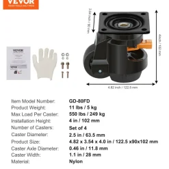 VEVOR Leveling Casters, Set of 4, 2200 lbs Total Load Capacity, 2.5 inches, Heavy Duty with Upgraded Handle Design, 360 Degree Swivel Caster Wheels, Adjustable Casters with Feet for Workbench, Machine