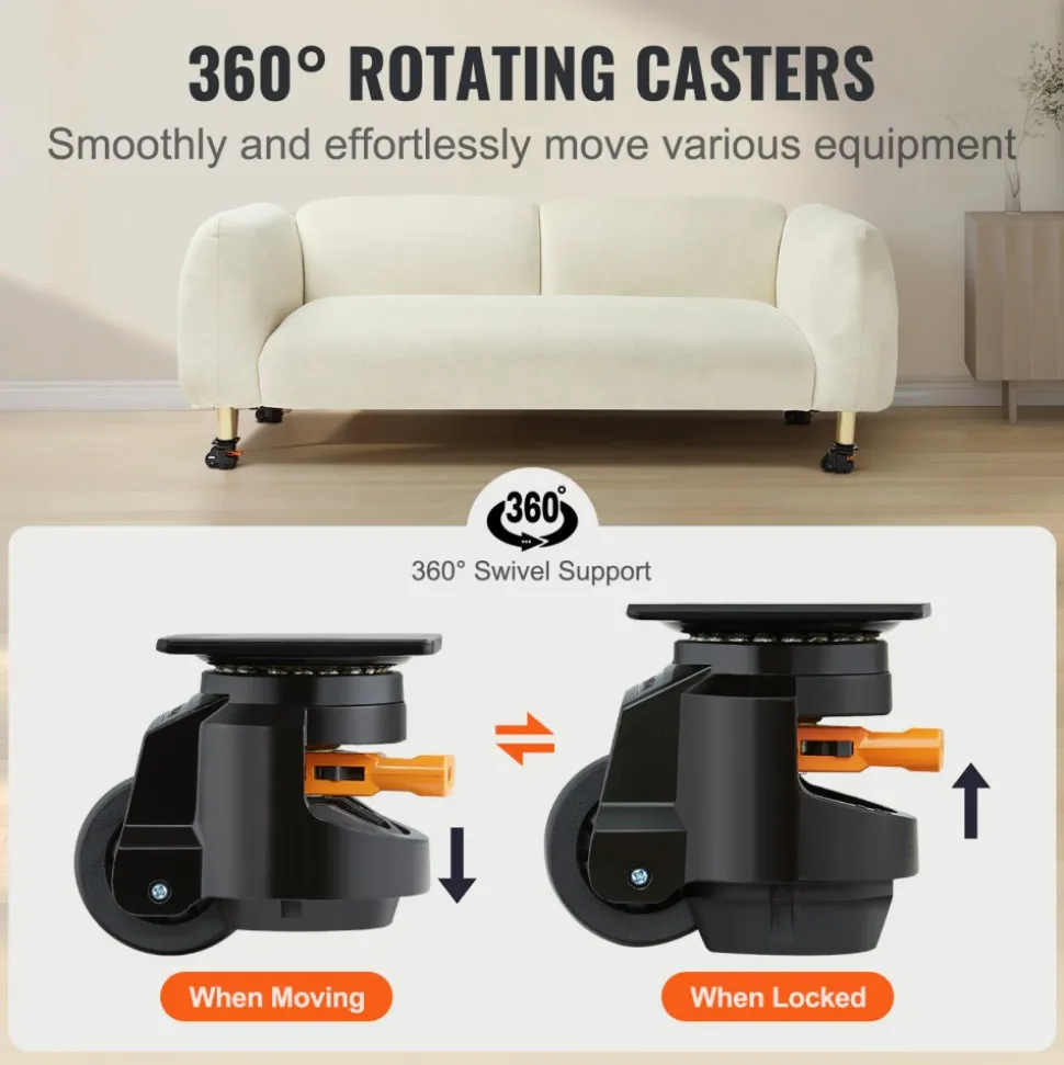 VEVOR Leveling Casters, Set of 4, 2200 lbs Total Load Capacity, 2.5 inches, Heavy Duty with Upgraded Handle Design, 360 Degree Swivel Caster Wheels, Adjustable Casters with Feet for Workbench, Machine