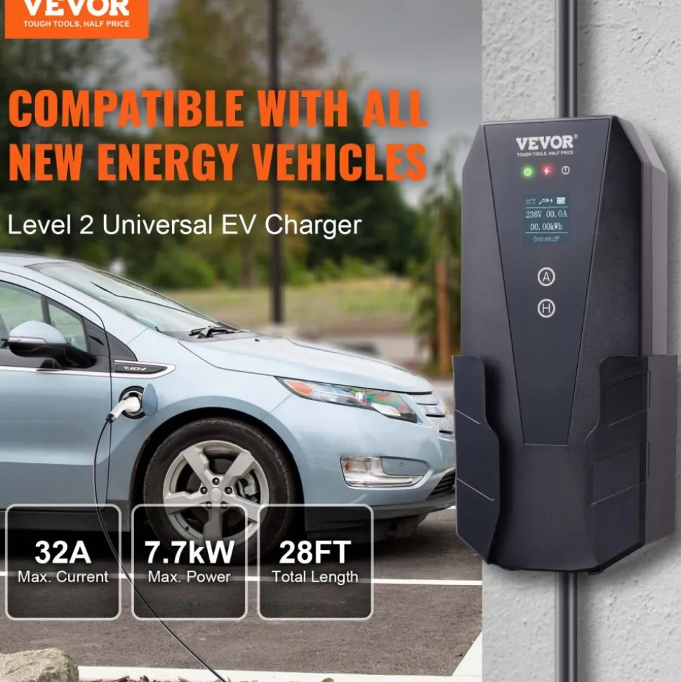 VEVOR Level 2 Portable EV Charger, 32 Amp 240V, Electric Vehicle Charger with 28 ft Charging Cable NEMA 14-50P Plug, 16/20/24/32A Adjustable Current Plug-in Home EV Charging Station for SAE J1772 EVs