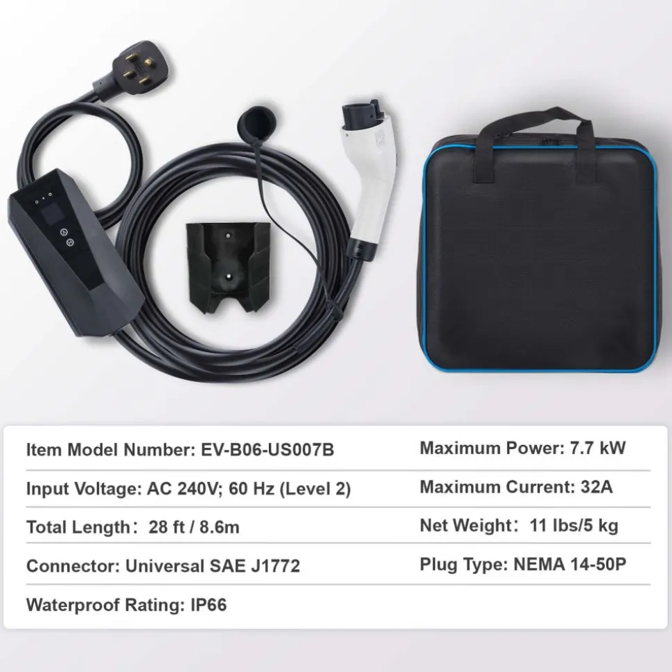 VEVOR Level 2 Portable EV Charger, 32 Amp 240V, Electric Vehicle Charger with 28 ft Charging Cable NEMA 14-50P Plug, 16/20/24/32A Adjustable Current Plug-in Home EV Charging Station for SAE J1772 EVs