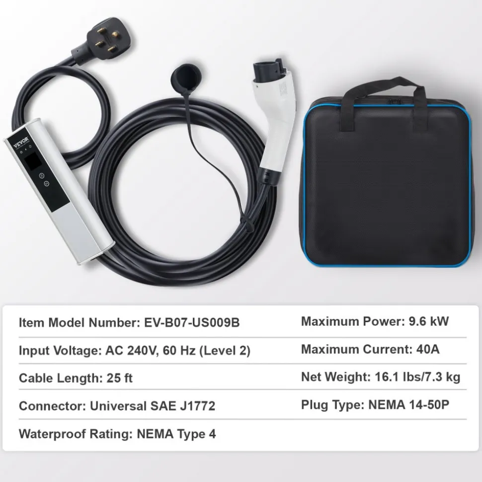 VEVOR Level 2 Portable EV Charger, 40A 240V, Electric Vehicle Charger with 25 ft Charging Cable NEMA 14-50P Plug, 40A/32A/24A/16A Adjustable Current Plug-in Home EV Charging Station for SAE J1772 EVs