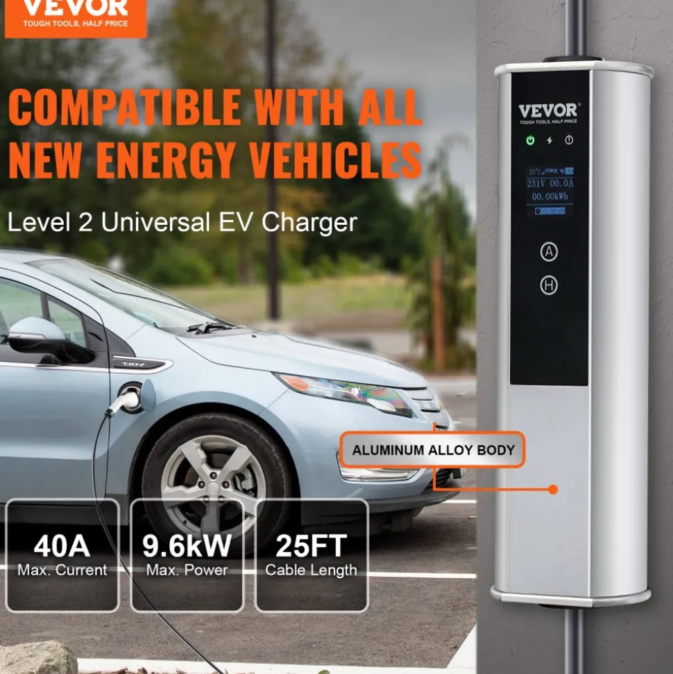 VEVOR Level 2 Portable EV Charger, 40A 240V, Electric Vehicle Charger with 25 ft Charging Cable NEMA 14-50P Plug, 40A/32A/24A/16A Adjustable Current Plug-in Home EV Charging Station for SAE J1772 EVs