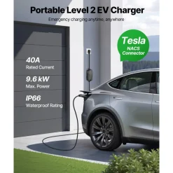 VEVOR Level 2 Tesla Charger, 40 Amp Adjustable Current, 240V Portable Home Electric Car EV Charger with 25 ft Charging Cable, NEMA 14-50P Plug, LCD Display, NACS Connector, for Tesla Model Y/X/3/S