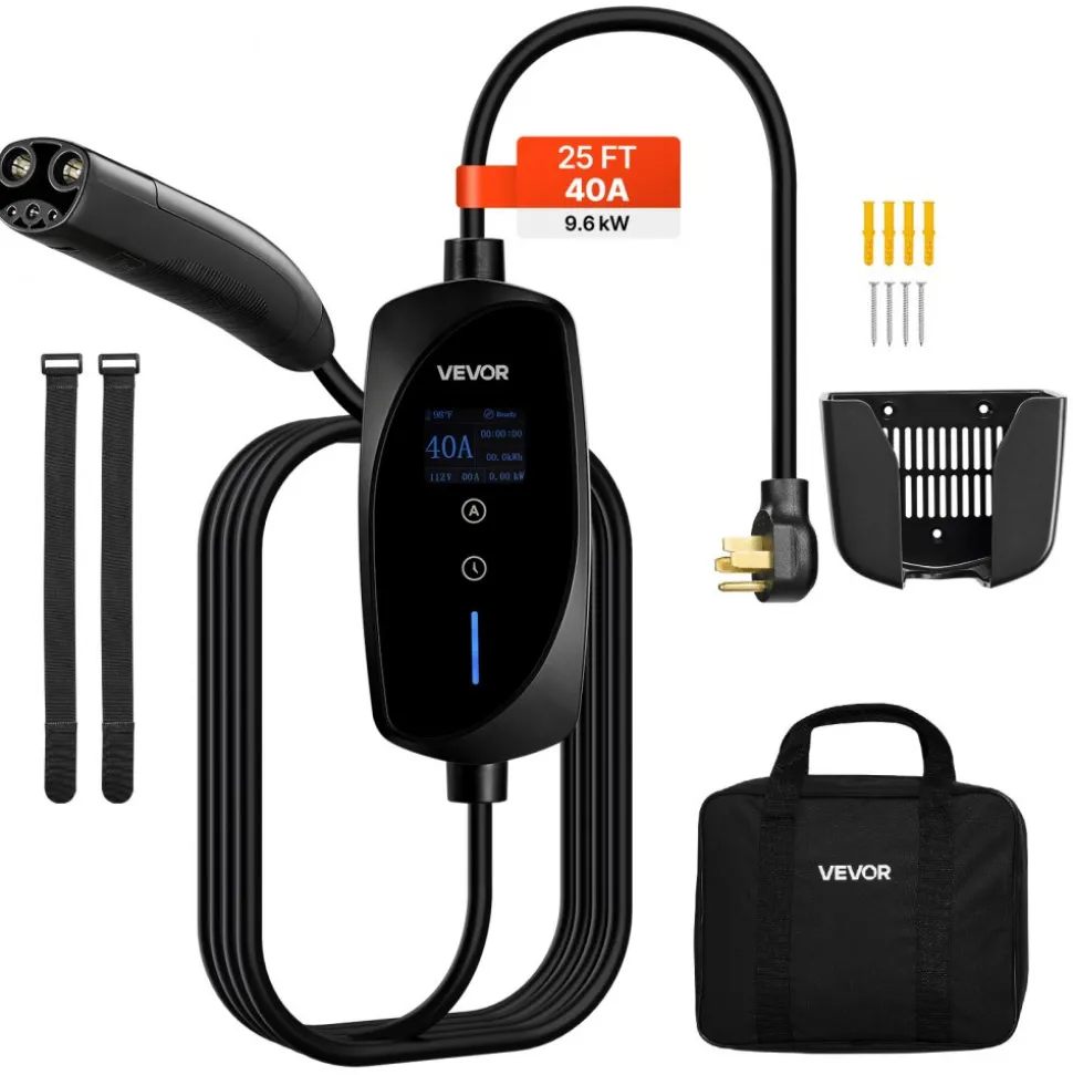 VEVOR Level 2 Tesla Charger, 40 Amp Adjustable Current, 240V Portable Home Electric Car EV Charger with 25 ft Charging Cable, NEMA 14-50P Plug, LCD Display, NACS Connector, for Tesla Model Y/X/3/S