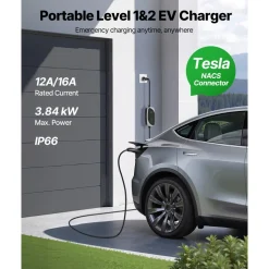 VEVOR Level 2 Tesla Charger, 32 Amp Adjustable Current, 240V Portable Home Electric Car EV Charger with 25 ft Charging Cable, NEMA 14-50P Plug, LCD Display, NACS Connector, for Tesla Model Y/X/3/S