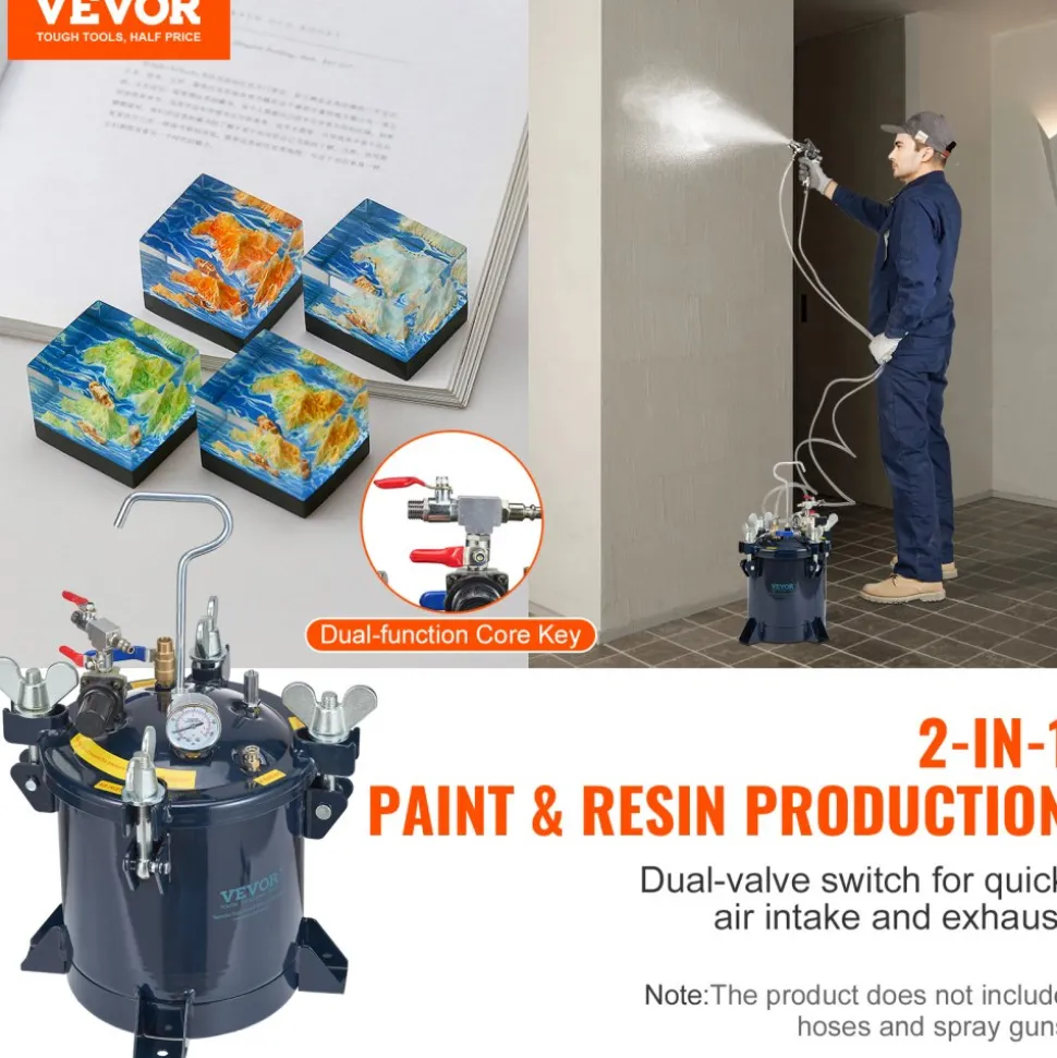 VEVOR 10L/2.5gal Spray Paint Pressure Pot Tank, 70PSI Max Air Paint Pressure Pot, Metal Rack and Leak Repair Sealant for Industry Home Decor Architecture Construction Automotive Painting